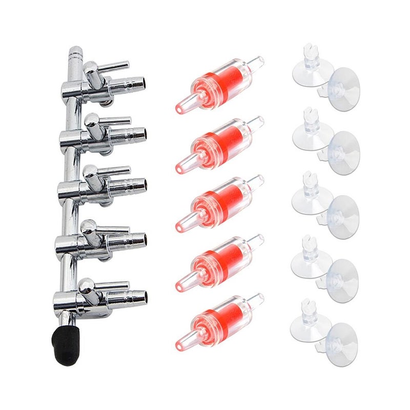 BornFeel Aquarium Air Pump Splitter 16 in 1 Set 5-Way Air Flow Control Lever Valve & 5 Non-Return Check Valves & 10 Suction Cups for Fish Tank Airline Air Tube Hose - Image 1